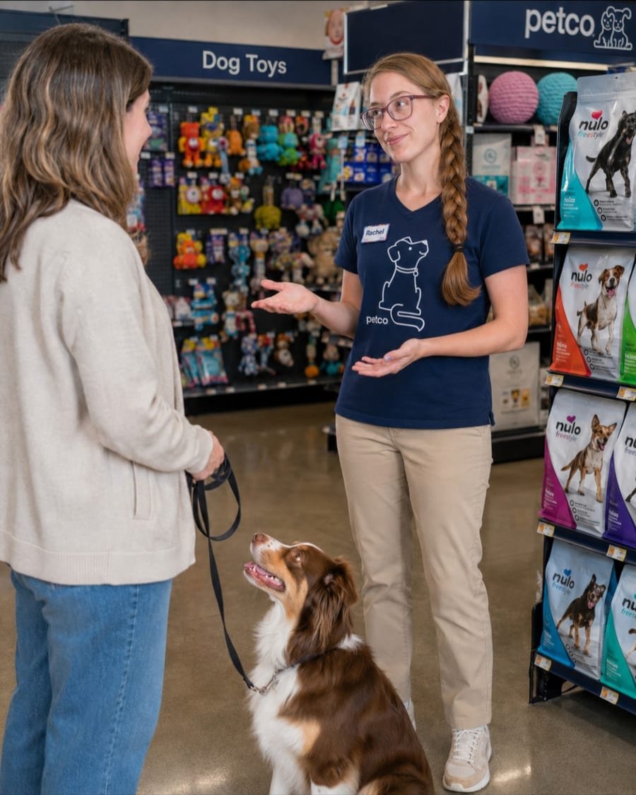 Rachel talking with a customer and their dog on the floor at Petco